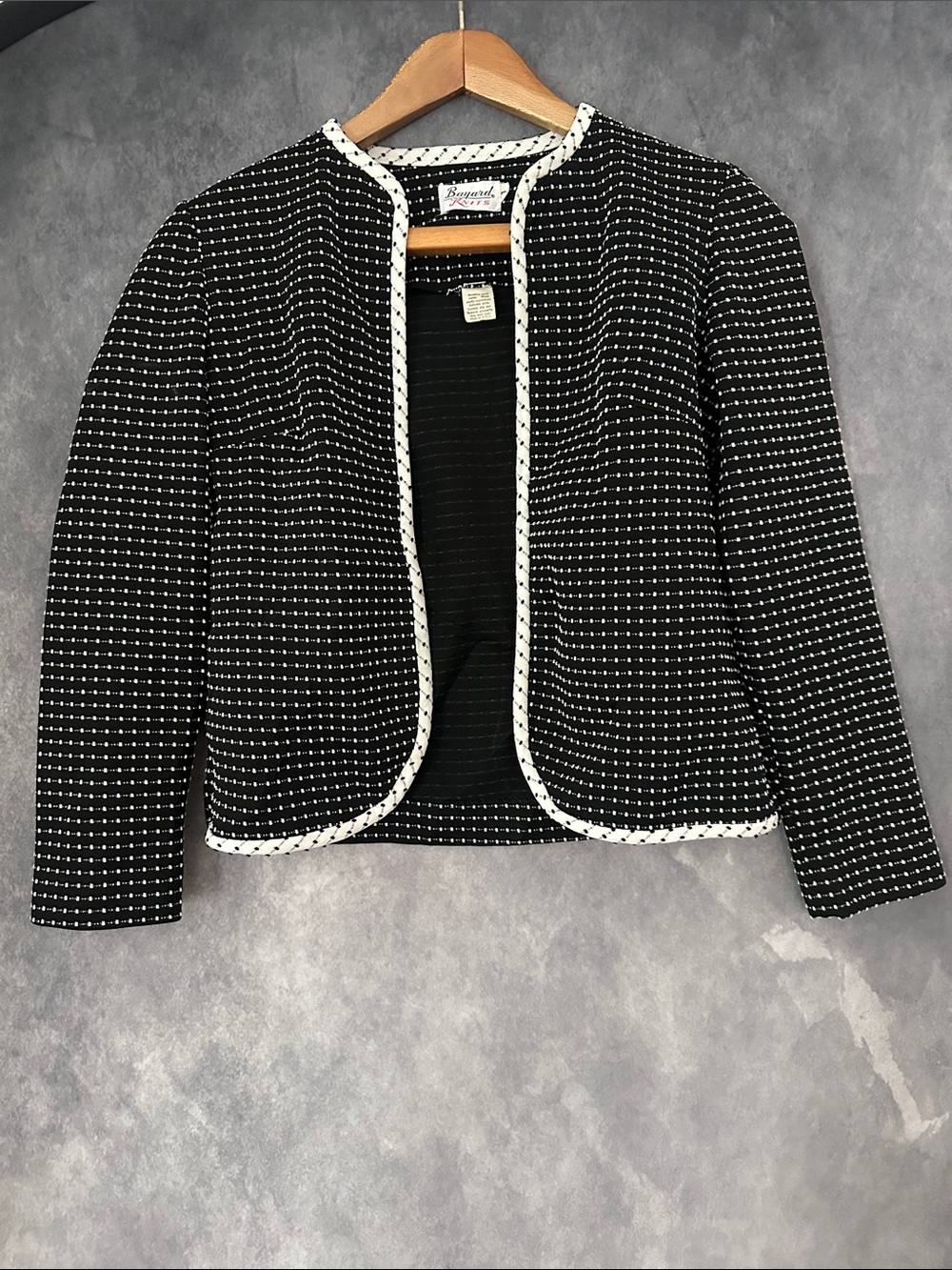 Vintage Textured Black & White Open-Front Tweed Blazer